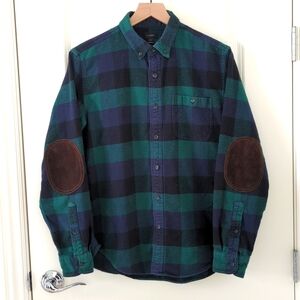 J Crew Men Green Plaid Flannel Shirt Elbow Patches